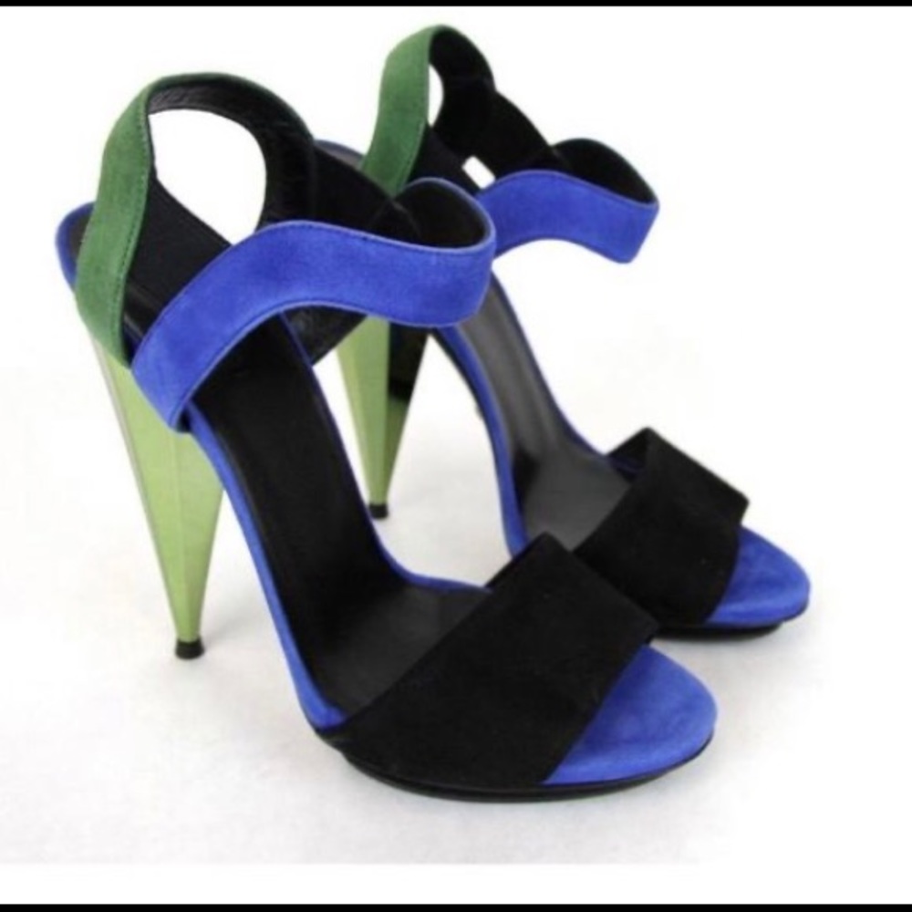Gucci Black-Blue-Green Suede Color-block Sandals.